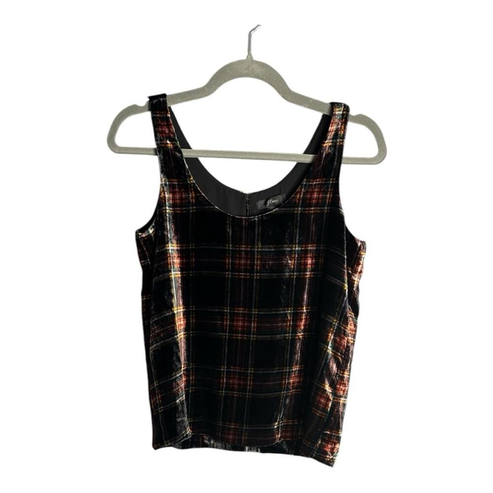 J. Crew Red and Green Plaid Velvet Sleeveless Top With Scoop Neck 00